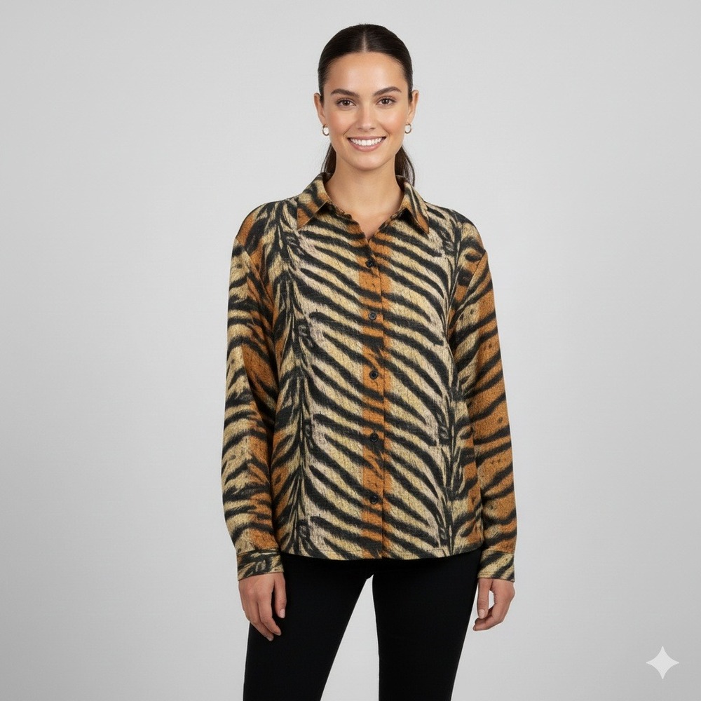 Toteables by Susan G Women's Tiger Print Button‎ Down Long Sleeve Shirt Size M